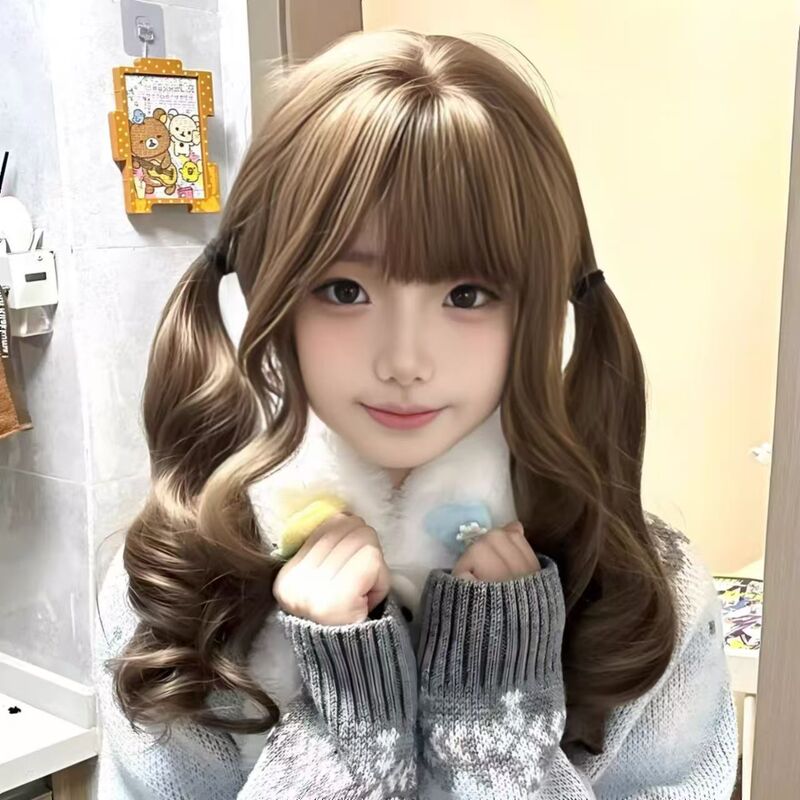 Double ponytail Japanese wig women's long curly hair sweet Lolita girl loli full head cover jk little rose