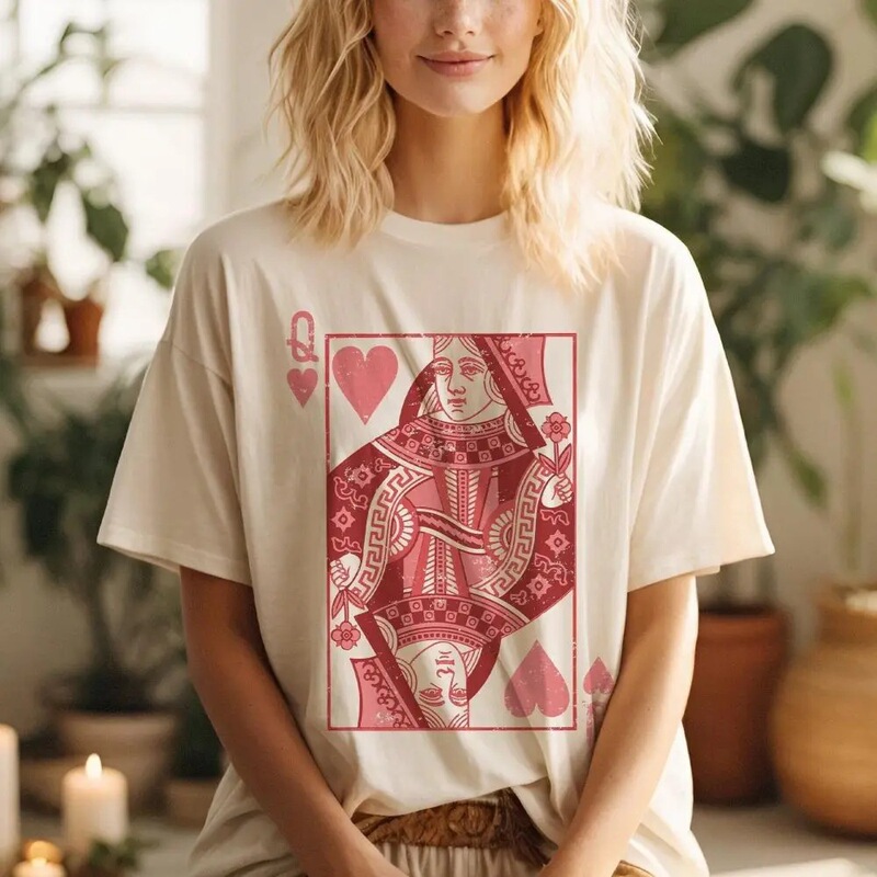 Pure Cotton T-Shirt Queen of Hearts Alice in Wonderland Feminism Shirt Retro Bohemian Retro Picture