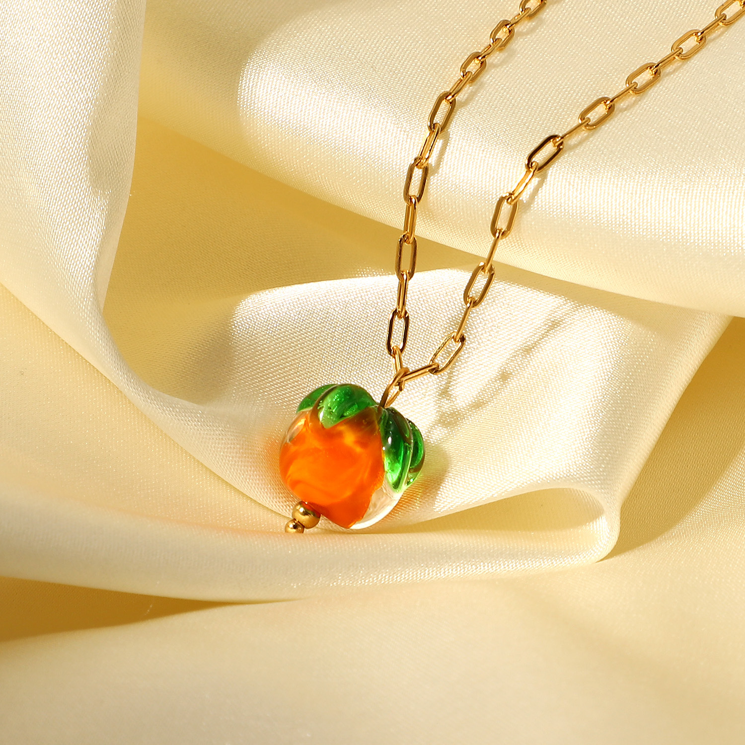 French 18k Gold Stainless Steel Cross Chain Glass Bead Persimmon Pendant Necklace display picture 2