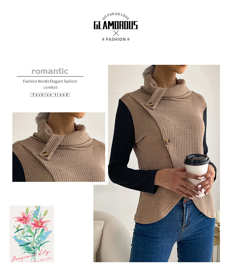 early autumn casual women's solid color pile collar long-sleeved pullover_voghion.com