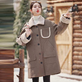 咖色拼接羊羔毛中长款外套女秋冬2024新款小个子爆款羽绒内胆大衣