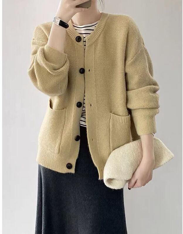 日系纯色毛衣外套女中长款2025秋季新款圆领口袋针织开衫宽松上衣|undefined