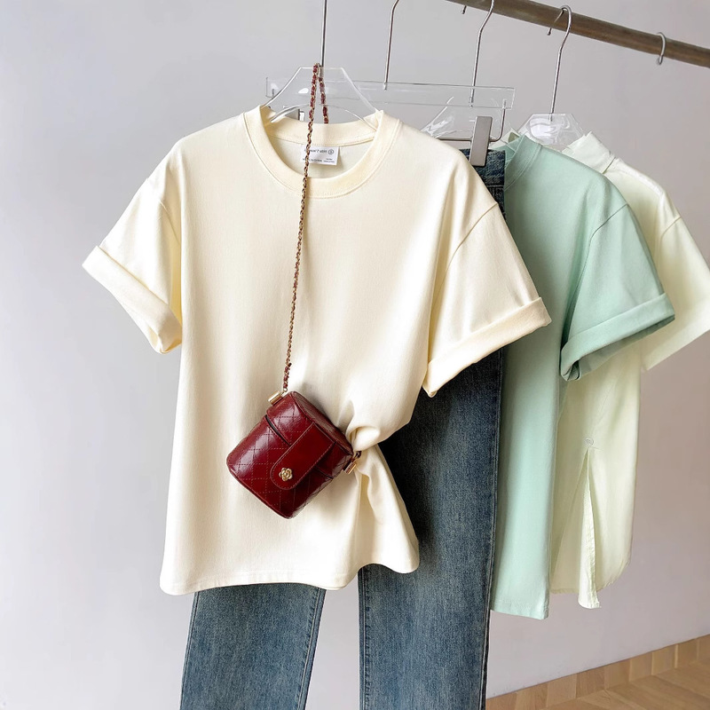 European-Style Cream-Colored Pure Cotton Short-Sleeve T-Shirt for Women, 2026 Summer New Style, Loose Round Neck, Casual Versatile Solid Color for Men European-Style Cream-Colored Pure Cotton Short-Sleeve T-Shirt for Women, 2026 Summer New Style, Loose Round Neck, Casual Versatile Solid Color for Men