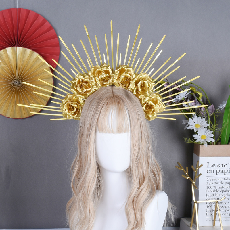 European and American Cross-Border Goddess Madonna Halo Gold Silver Handmade Wholesale Gold Flower Spiked Headband Party Hairpin Headdress