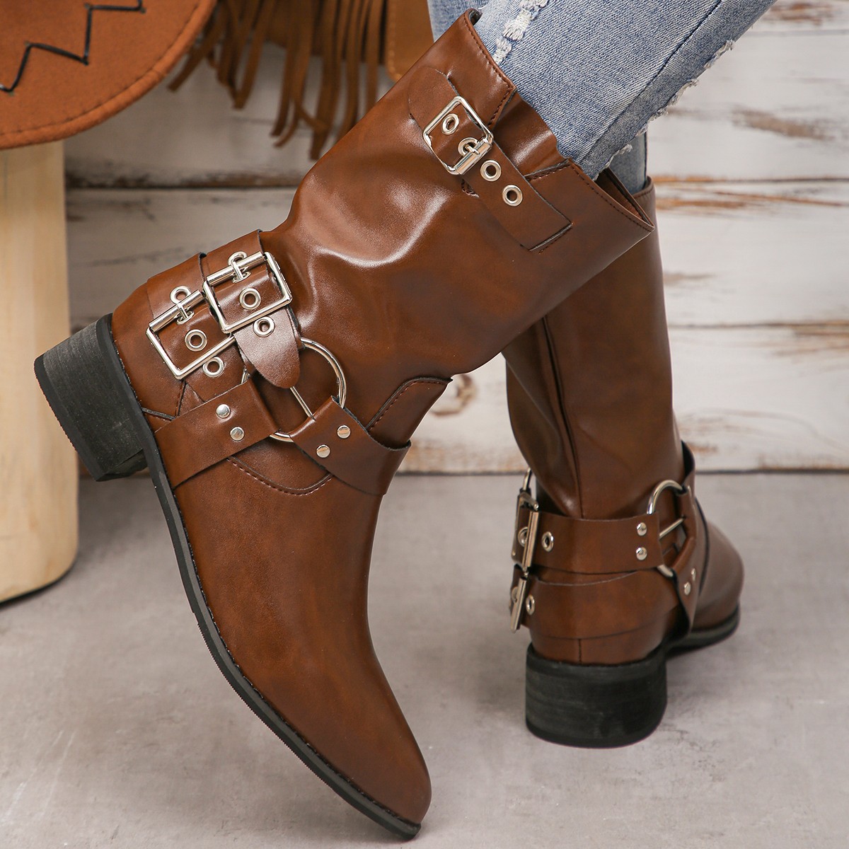 Women's Shoes Western cowboy boots women's retro punk belt buckle martin boots miu home heightened rubbed brown mid tube knight boots_voghion.com