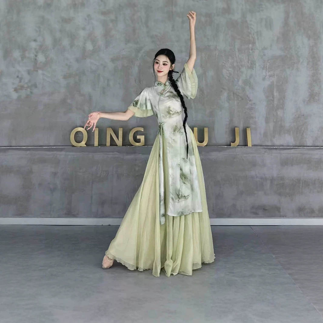New Printed Cheongsam Dance Costume for Women, Elastic Chinese Classical Dance Practice and Performance Outfit for Adults