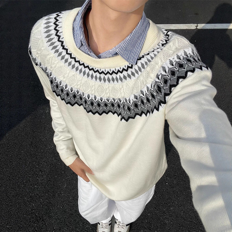 American Retro Fair Isle Boxy Sweater for Men, Autumn High-End Cable Knit Long-Sleeve T-Shirt, Heavy Weight, Regular Shoulder Base Shirt