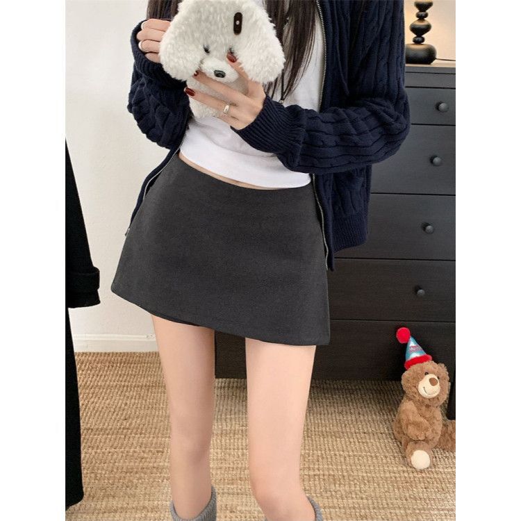 Korean-Style Half Skirt with Side Zipper, Slimming Woolen Short Skirt, New Solid Color Versatile 2025 Spring, Autumn, Winter Two-Way Skirt Pants