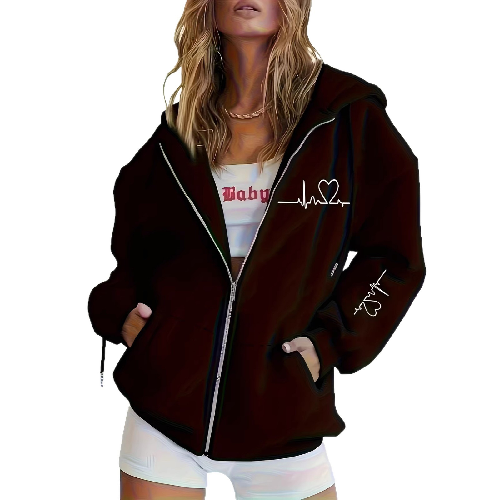 Women's Heart Print Loose Casual Hooded Sweatshirt Long Sleeved Zip Up Design European American Style Print_ecoleips.com
