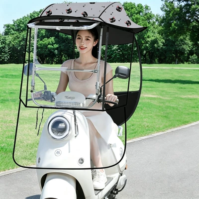 New model of electric vehicle rain canopy, retractable and foldable, windproof cover for electric bikes, motorcycle sunshade, rain protection canopy (Elektromobil üçün ön şüşə çətiri (günlük)) - single-layergray-little-black-cat-one-size-fits-all