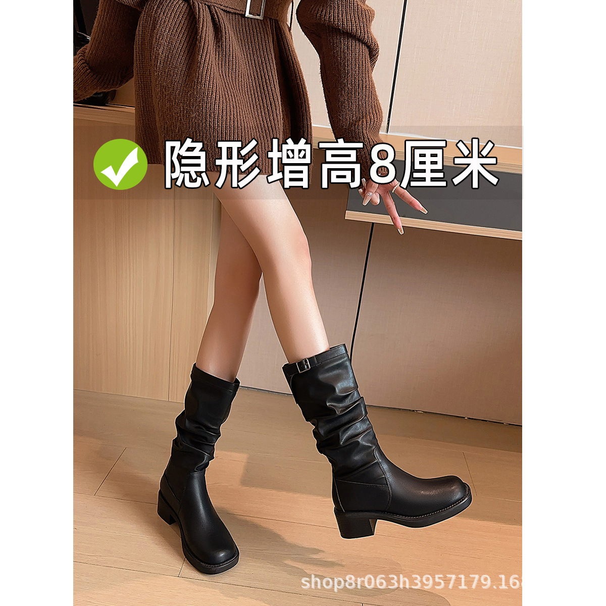 Women's 2025 New Autumn and Winter Fleece-Lined Black Short Western Cowboy Mid-Calf Boots with Internal Height Increase