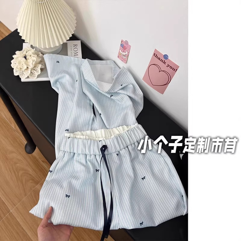 150小矮个子蝴蝶结条纹刺绣休闲裤女春夏季高腰直筒阔腿裤xs显高