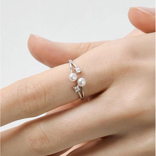 双层珍珠锆石开口戒指女简约小众设计感镶钻指环气质手饰配饰新款