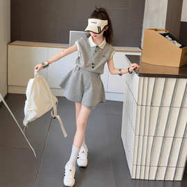 女童夏季薄款翻领POLO衫短裤两件套2026新款大童女孩时髦洋气套装