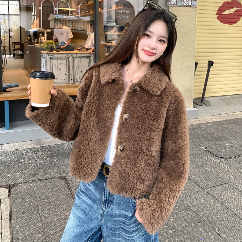 Winter New Style Lapel Teddy Short Shearling Coat for Petite Women