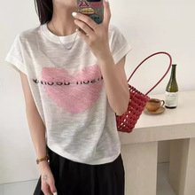 2025夏季新款韩版时尚圆领爱心短袖针织衫女薄款宽松显瘦百搭T恤