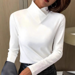 亚马逊爆款纯色磨毛面料打底衫秋优雅长袖半高领T恤女上衣