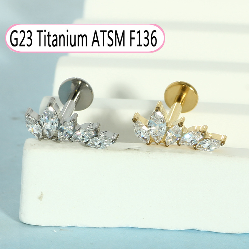 G23 Titanium Inlaid Zircon Opal Lip Nail Internal Thread Piercing Earrings 1.2mm Thick Cochlear Nail detail image 9