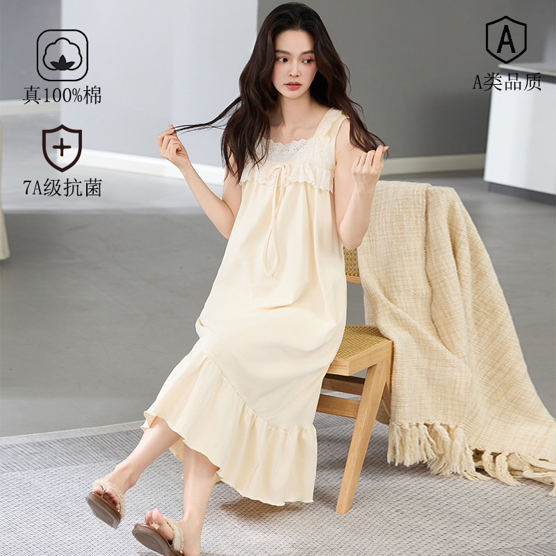 Class A Antibacterial 100% Cotton Vest Nightgown Women's Summer dress Women's Mid-Length Plus Size Cotton Pajamas