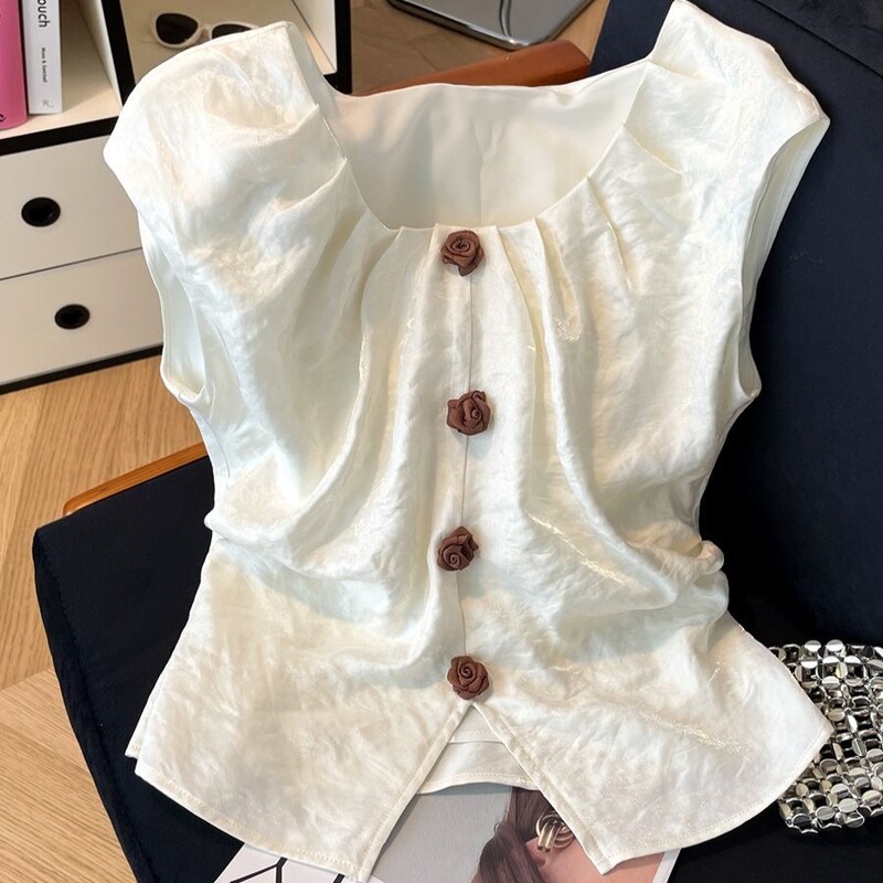 White Acetate Satin Three-Dimensional Floral Sleeveless Blouse for Women, Summer Flutter-Sleeve Top with a High-End, Unique, and Stunning Design