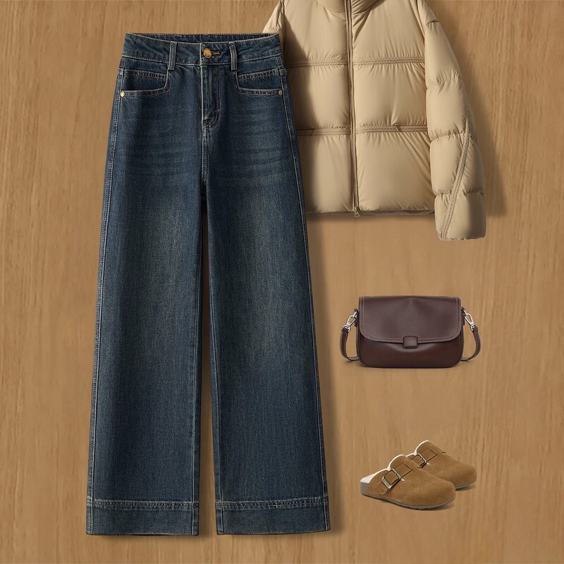 Cold Tea Color Wide-Leg Jeans for Women, Spring and Autumn 2026 New Style, Super Stylish, Petite Size, Cropped Straight-Leg Pants