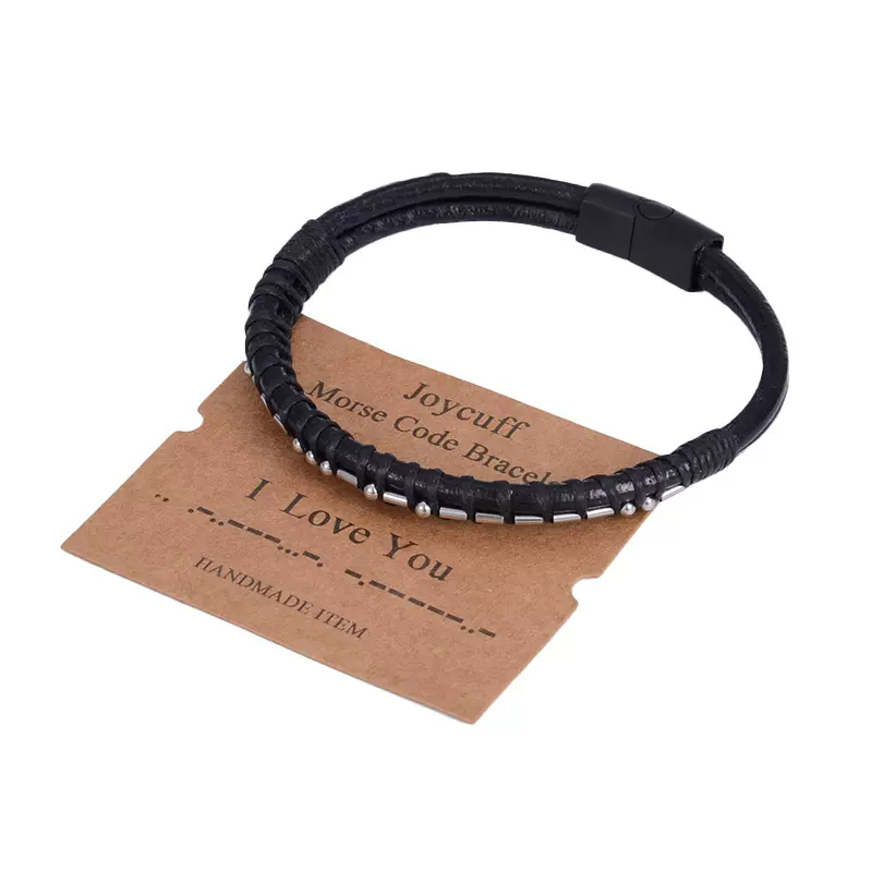 欧美男士朋克风手链 摩斯密码链条缠绕编织不锈钢磁铁扣皮绳手链