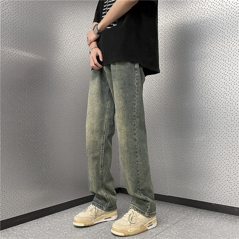 レトロなジーンズの男性の夏の日本の街頭のレジャーの広い足の潮流のinsのゆったりしている学生のまっすぐな筒の長いズボン|undefined