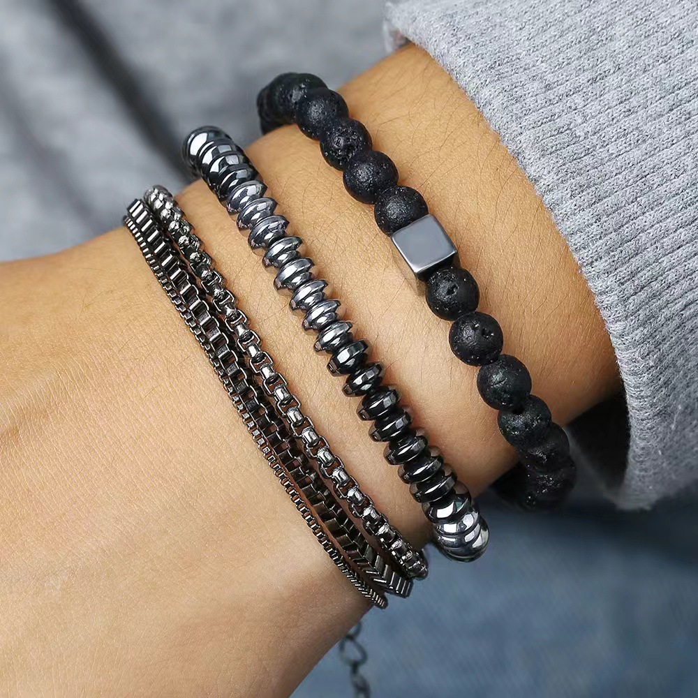 Fashionable and Personalized Volcanic Stone Black Gallstone Elastic Bracelet Combination Multi-Layered Men's Hip-Hop Chain Bracelet Set