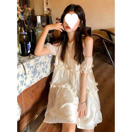 新款甜美氛围感露肩绑带圆领连衣裙小个子清新雪纺简约A字裙短子