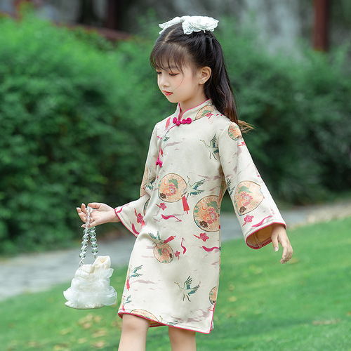 Girls 2024 spring new long-sleeved improved cheongsam dress children's dress Chinese style princess dress Tang suit Hanfu