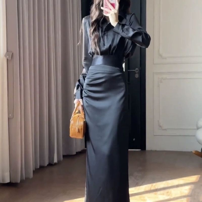 法式感缎面蚂蚁腰长袖翻领衬衫高腰修身半身裙显瘦长裙套装女|undefined
