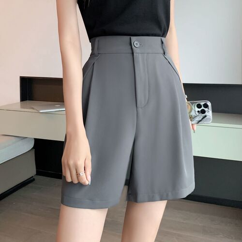 Women's High-Waisted Suit Shorts Summer Thin Version  New Straight Leg Loose Fitting Slimming Casual Ice Silk Wide Leg Five-Eight Shorts