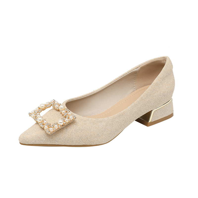 2024 New Shallow Mouth Medium High Heels   Diamond Square Button Shoes Large Women's Shoes