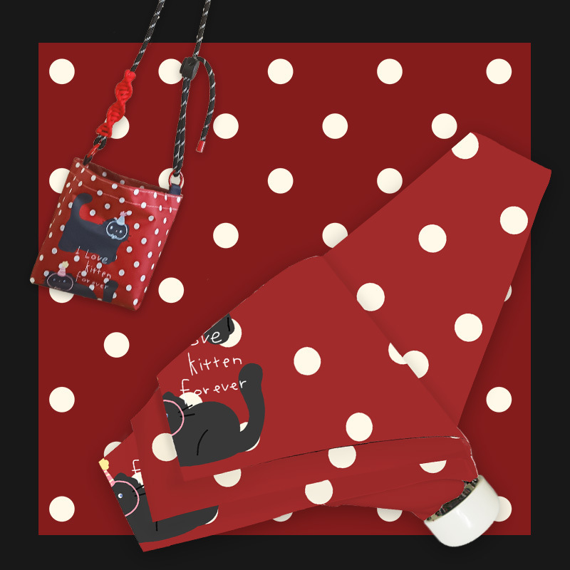 Mini 50% off Small Umbrella Vinyl Sun Protection Uv Protection Sunny or Rainy Parasol Retro Polka Dot Cat