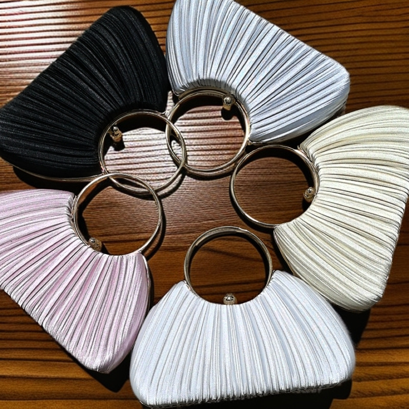 Túi clutch dạ tiệc satin xếp ly hình vòng tròn, phong cách sườn xám, có dây đeo chéo — Màu mơ, Màu trắng, Màu bạc, Màu hồng