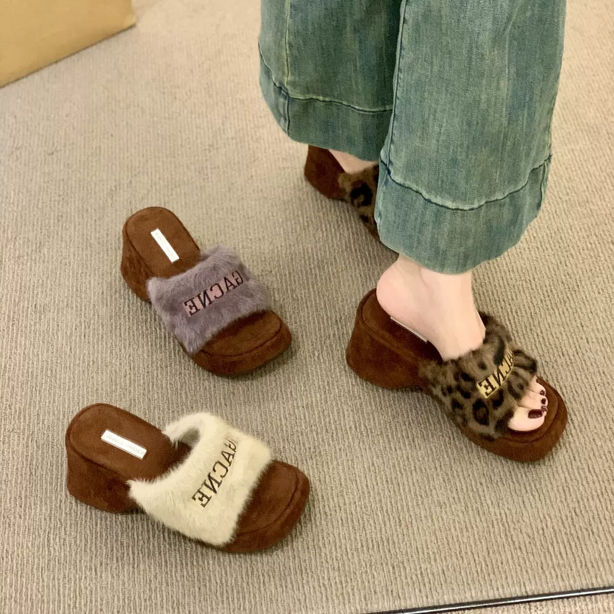 羊皮版~2025新款复古风方头坡跟一字带毛毛拖鞋女外穿百搭凉拖鞋