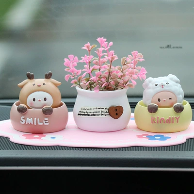 Car ornaments – cute car ornaments desktop - little-deer-puppy-pink-potted-plant-pink-lucky-mat