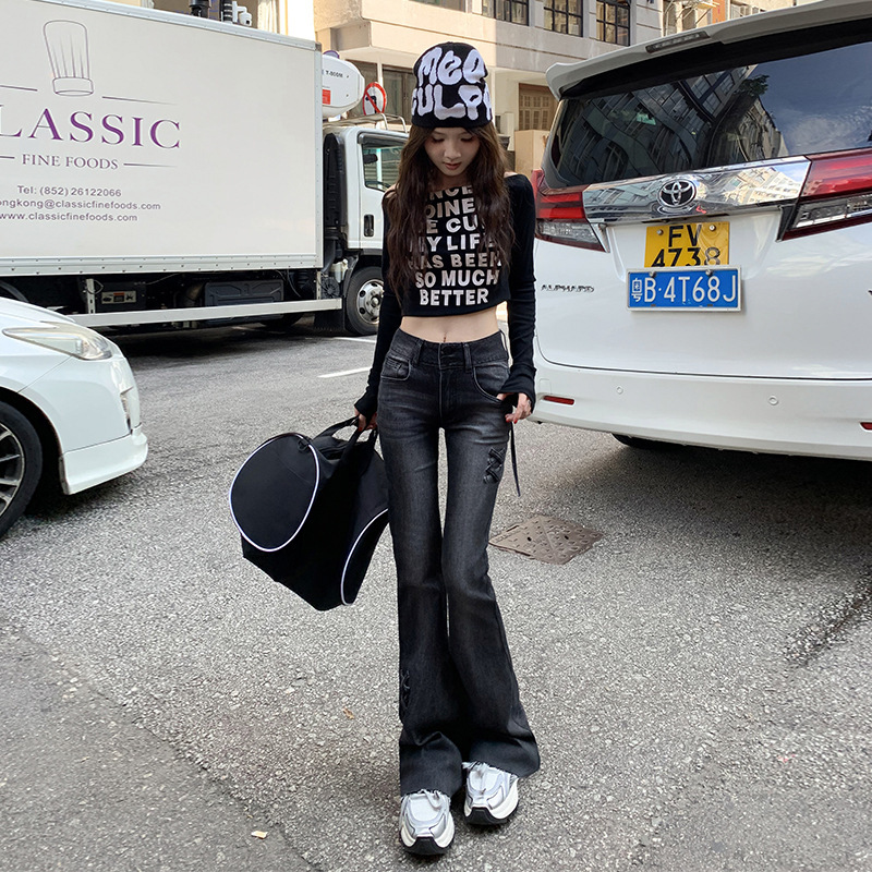 가을과 겨울 2024 빈티지 더블 버튼 마이크로 풀 청바지 여성용 활 스트레치 경적 바지