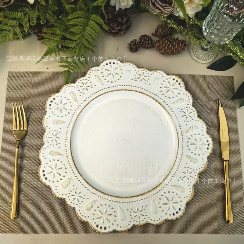 Foreign Trade Charger Plates, High-End Elegant Brushed Flower-Shaped Gold-Edged Decorative Plates for Hotels, Restaurants, and Weddings