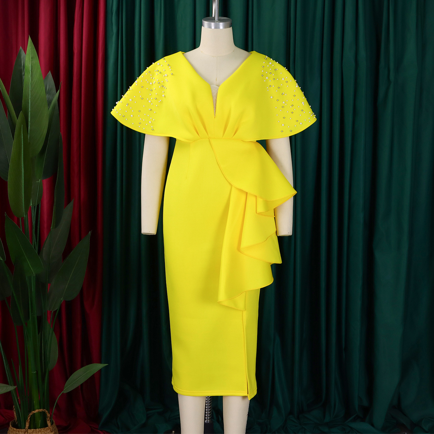 Robe de soirée sexy à col en V et à volants avec fente perlée, robe de banquet de tempérament de célébrité_voghion.com