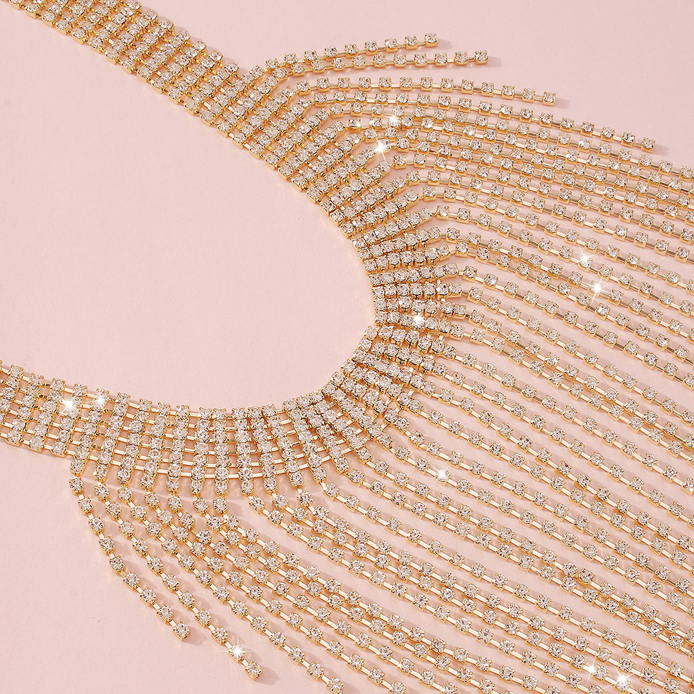 Rhinestone Tassel Back Necklace Luxury Statement Retro Chain_voghion.com