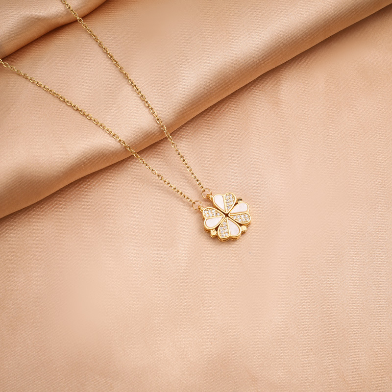 Fashion Four Leaf Clover Titanium Steel Inlay Rhinestones Shell Pendant Necklace_colorza_4