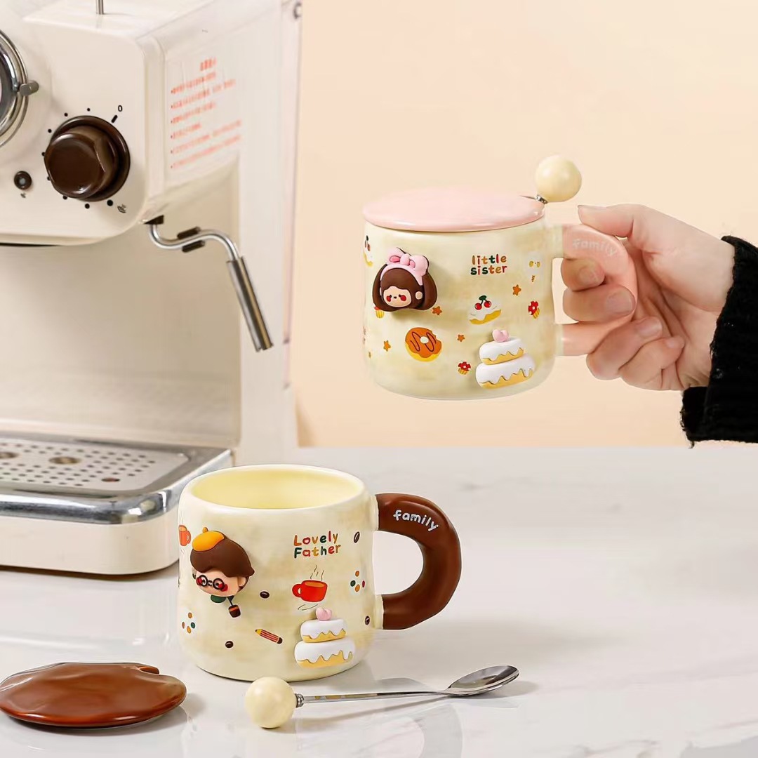 Creativo diy familia taza de cerámica con cubierta cuchara de dibujos animados taza de café de alto valor de cara regalo de mano taza de agua