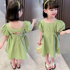 夏季女童連衣裙寶寶網紅洋氣兒童個性潮方領收腰露背泡泡袖公主裙