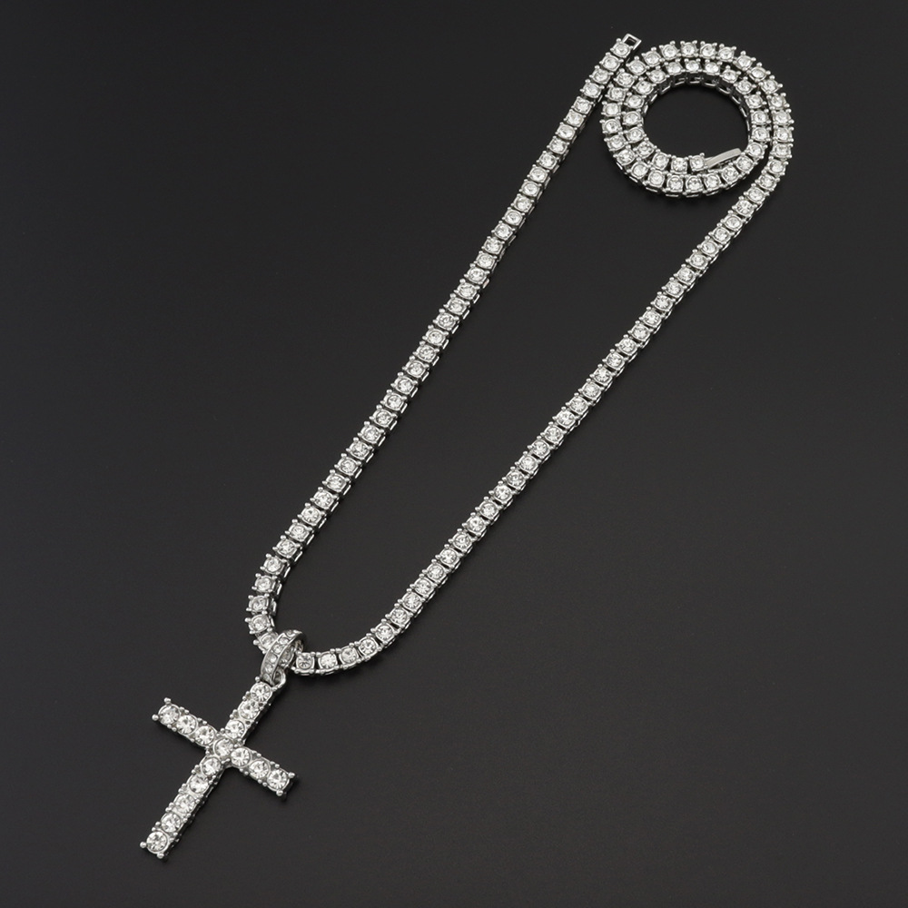 10g Weight Alloy Pendant Material Rhinestones Inlay Material Pendant Necklace Classification Alloy Chain Material Tennis Chain Chain Type Street Occasion Alloy Material Cross Pattern Unisex Gender Retro, Punk Style Ornament Simple  Style Full Diamond Single Row Diamond Tennis Chain Men's And Women's Big Cross Pendant Necklace 8