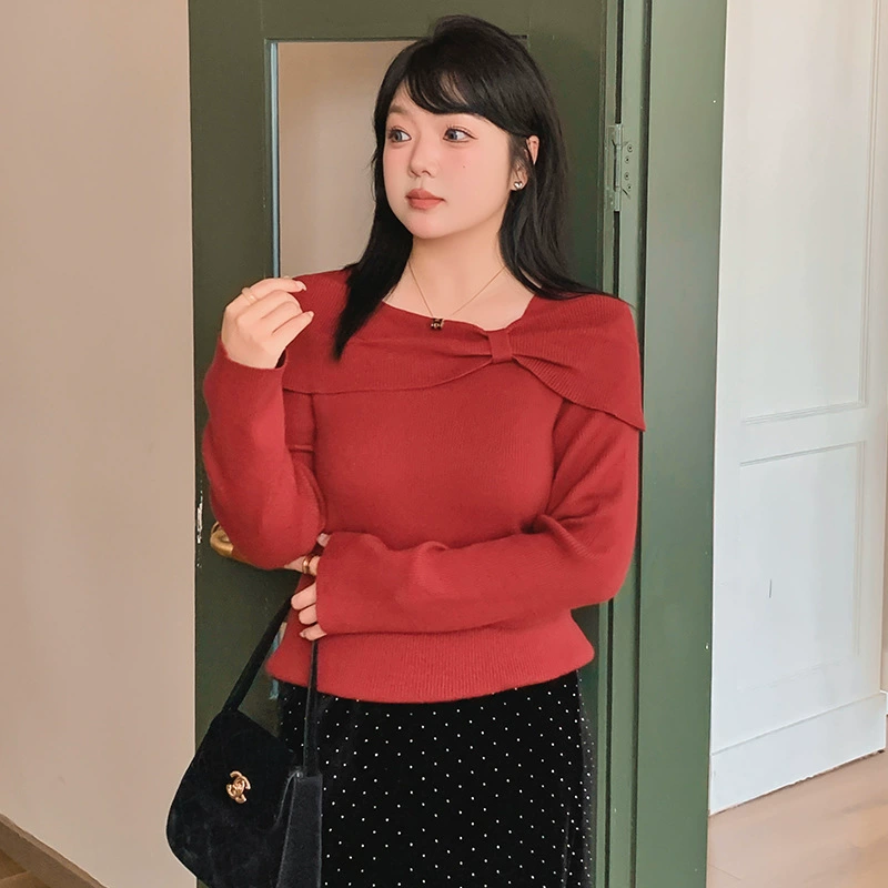 Женский вязаный свитер с бантом и открытыми плечами, дизайн для полных женщин, зимний стиль 2025 года, артикул 22795.