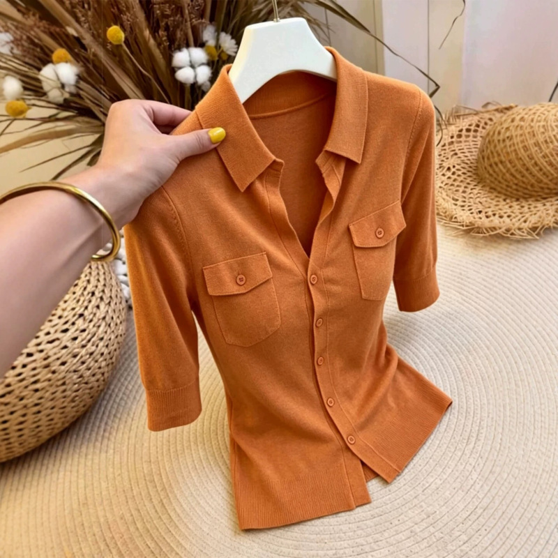 Old Money Style Outfit with French Lapel, Orange Mid-Sleeve Knit Cardigan for Women, Summer Waist-Cinching Slimming Hot Girl Shirt Top Old Money Style Outfit with French Lapel, Orange Mid-Sleeve Knit Cardigan for Women, Summer Waist-Cinching Slimming Hot Girl Shirt Top