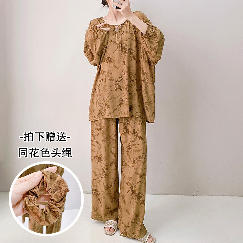 睡衣女春秋纯色长袖大码新中式夏家居服套装可外穿国风款棉绸睡衣|undefined
