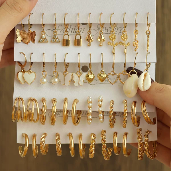Cross-Border Hot-Selling Fashion European and American Style High-End Earrings Retro Geometric Metal Heart-Shaped Women's Earrings Set Wholesale