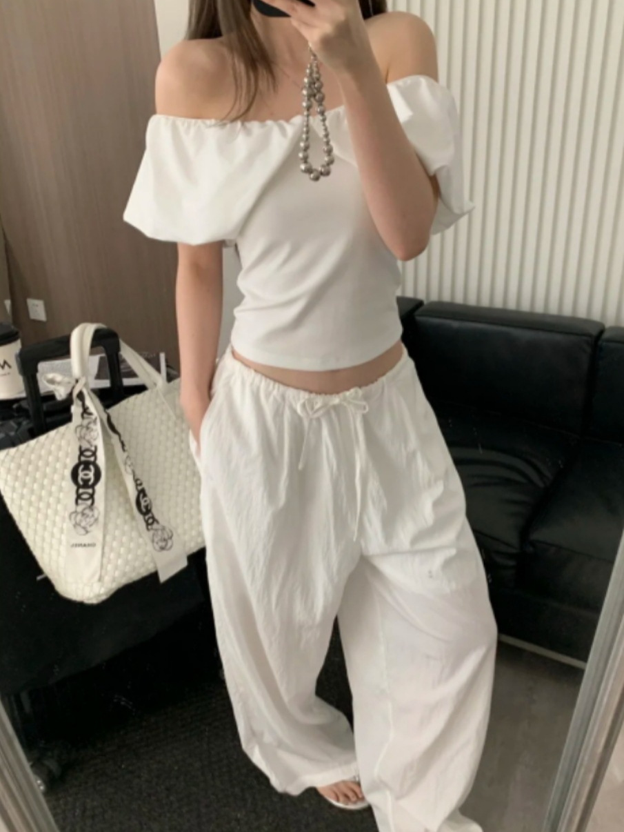 Chao recomienda ~ textura simple pantalones casuales de correa azul temperamento delgado suelto pantalones de piernas largas de primavera